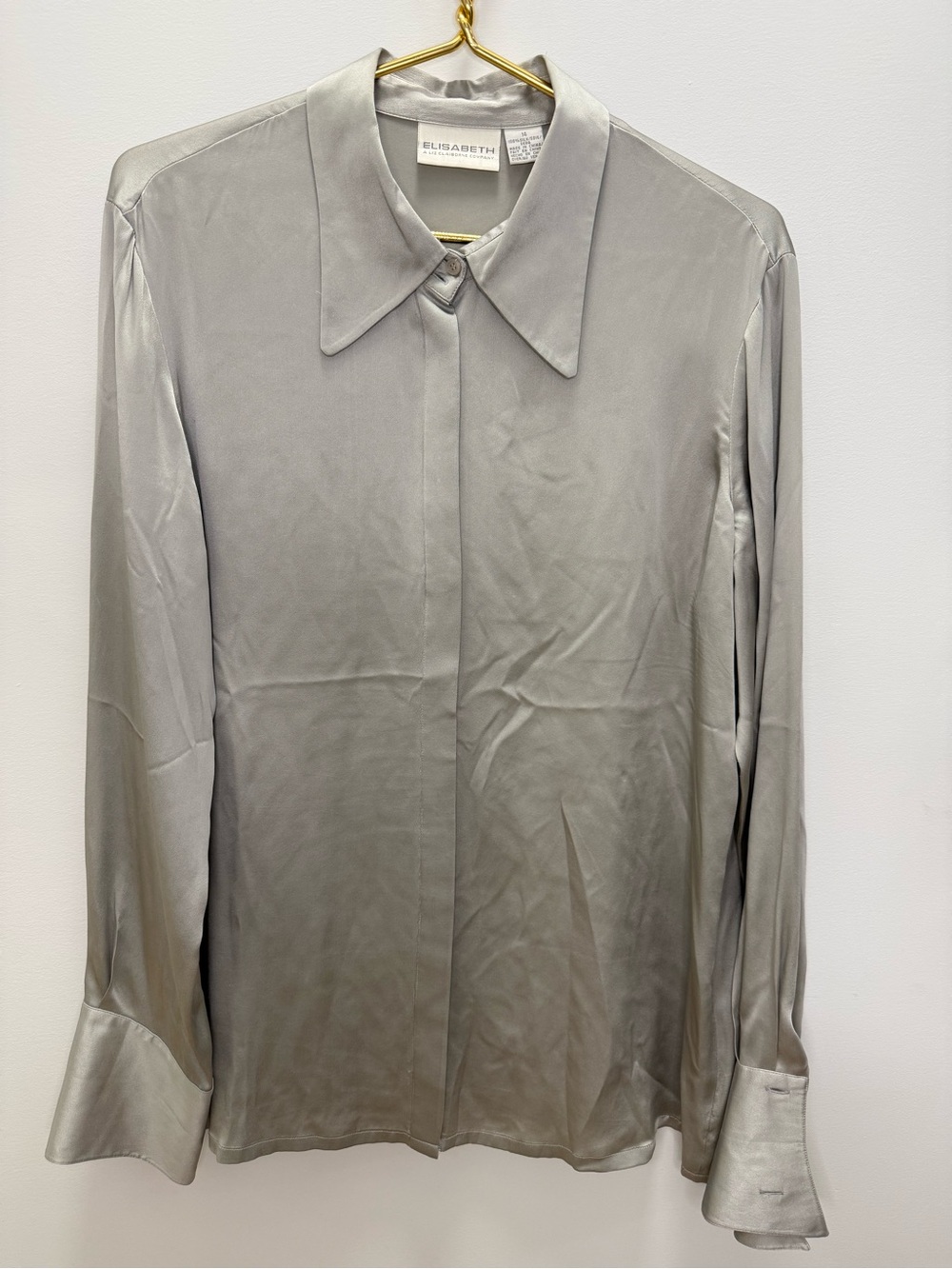 Vintage Elisabeth Liz Claiborne 100% Silk Silver Blouse 14